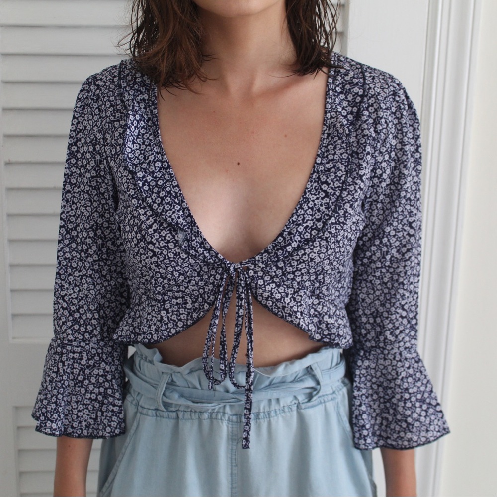 Navy Floral Tie Top